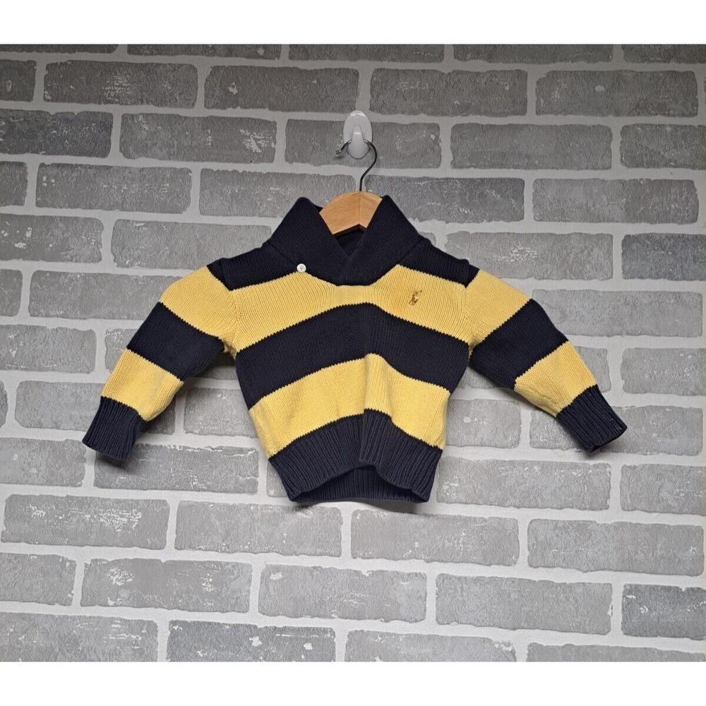 RALPH‎ LAUREN YELLOW BLUE STRIPED SHALL NECK COLLAR PULLOVER SWEATER 18 MONTHS